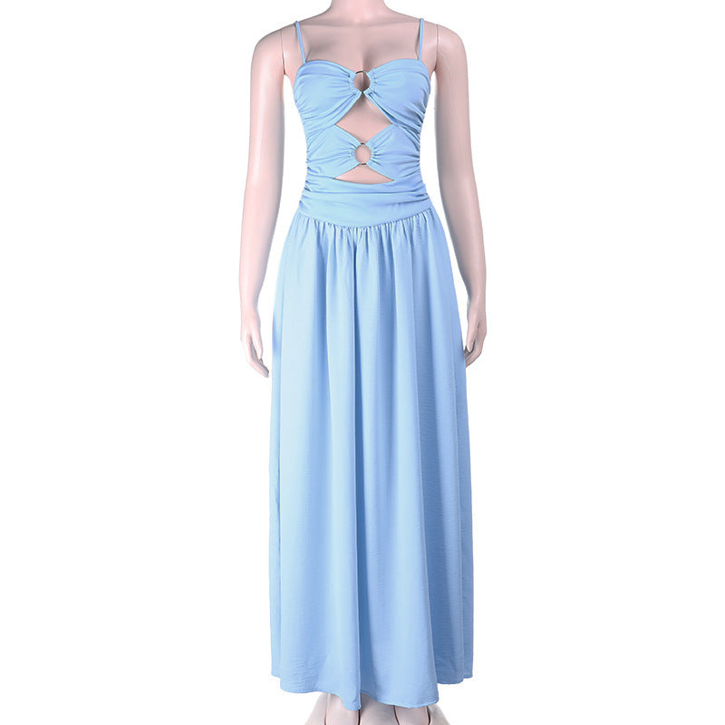 O ring hollow out ruched backless cami cut out maxi dress  | Festival Outfits Women