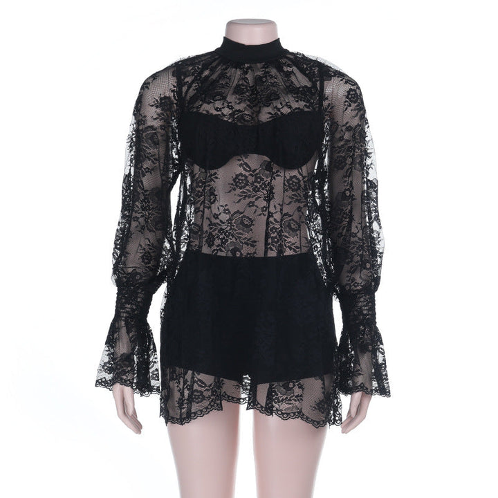 Long sleeve lace see through crewneck pant set  | Festival Outfits Women