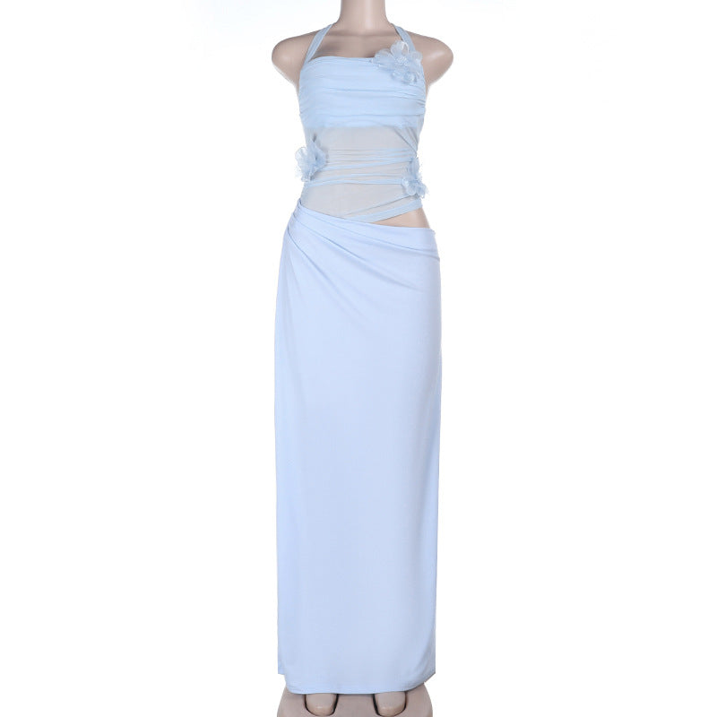 Self tie halter flower applique mesh hollow out cut out maxi dress  | Festival Outfits Women