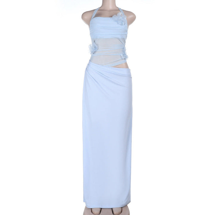 Self tie halter flower applique mesh hollow out cut out maxi dress  | Festival Outfits Women