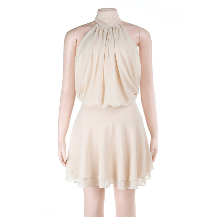 Ruched self tie halter chiffon zip-up mini dress  | Festival Outfits Women