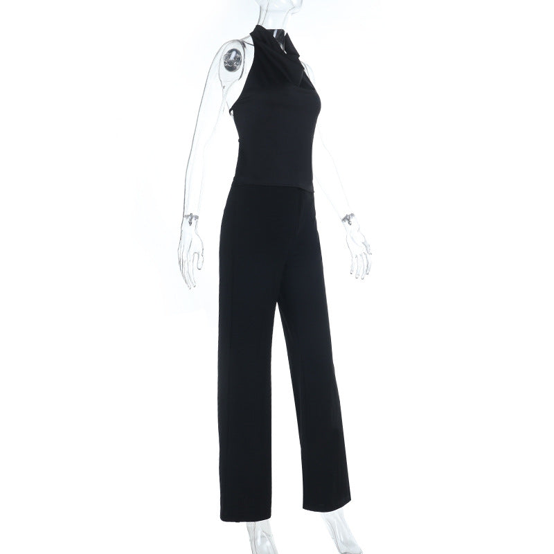 Halter backless solid button pant set  | Festival Outfits Women