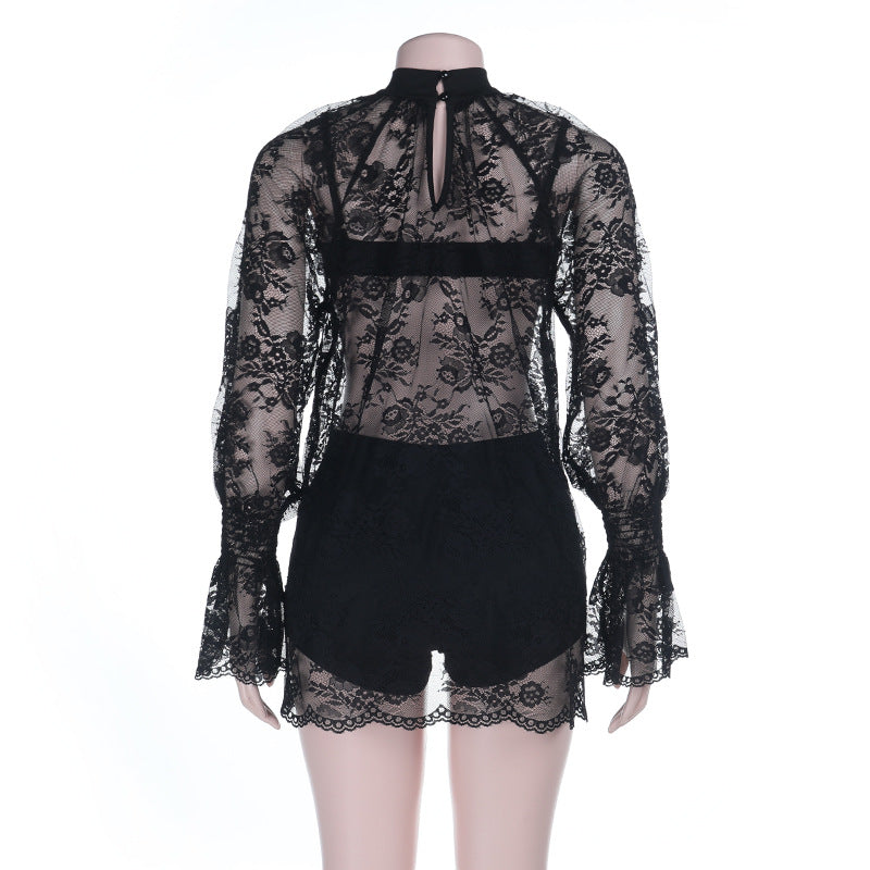 Long sleeve lace see through crewneck pant set  | Festival Outfits Women