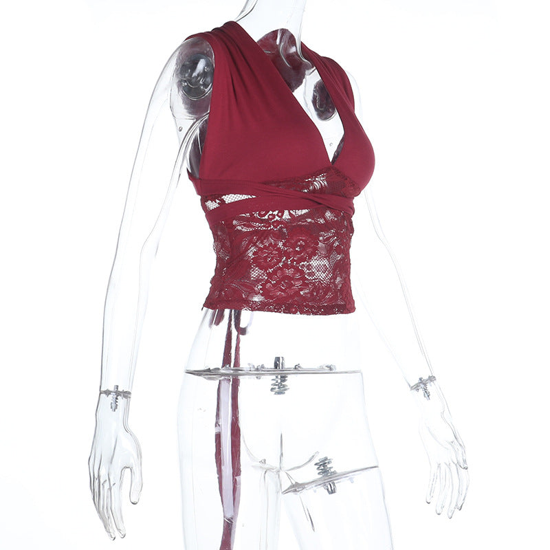 V neck lace patchwork self tie solid top  | Festival Outfits Women