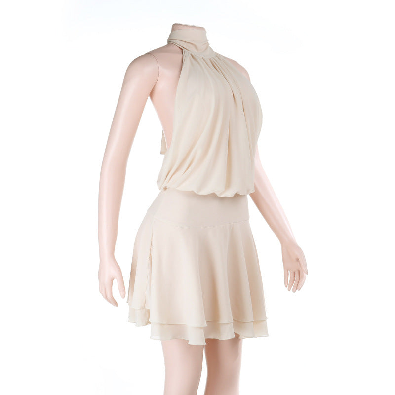 Ruched self tie halter chiffon zip-up mini dress  | Festival Outfits Women