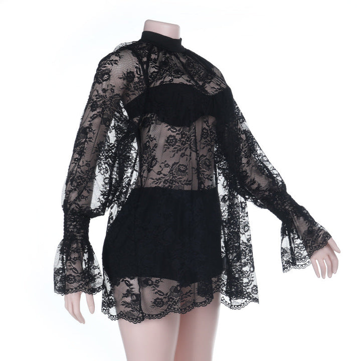 Long sleeve lace see through crewneck pant set  | Festival Outfits Women