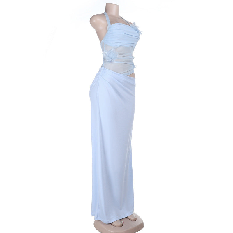 Self tie halter flower applique mesh hollow out cut out maxi dress  | Festival Outfits Women