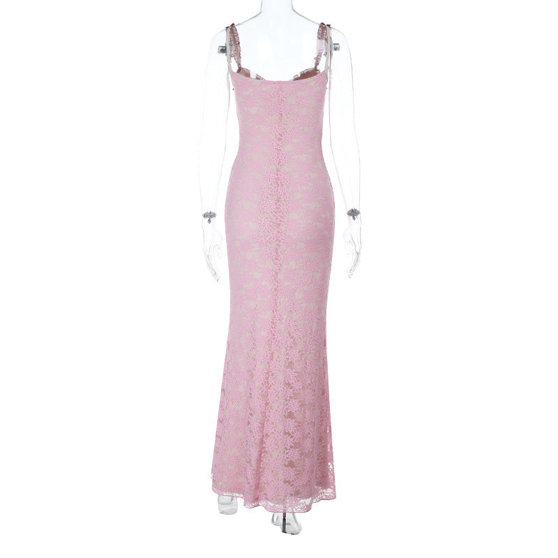 Bowknot lace ruffle v neck cami maxi dress  | Festival Outfits Women