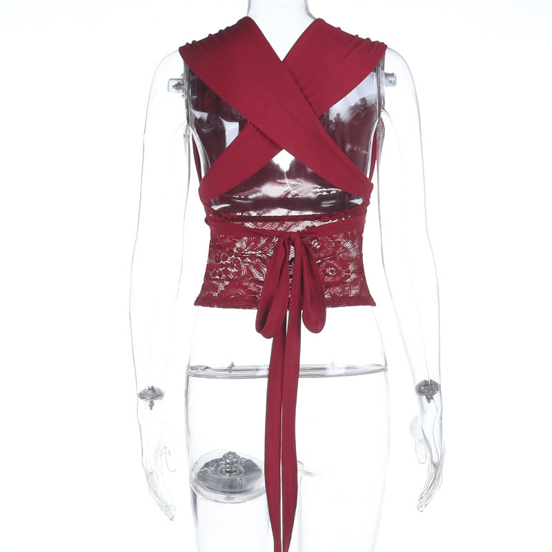 V neck lace patchwork self tie solid top  | Festival Outfits Women