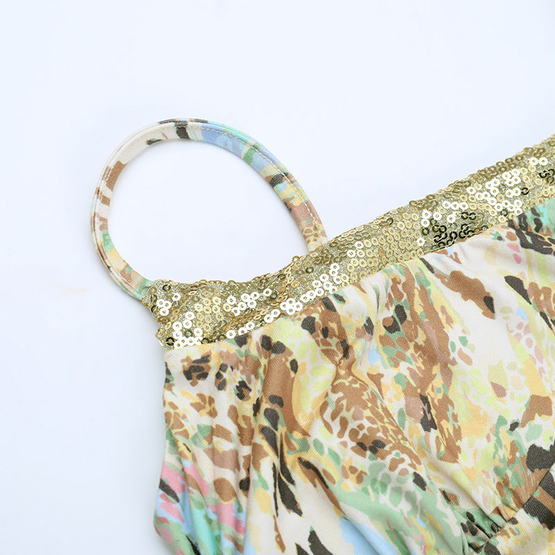 Glitter square neck print self tie cami maxi dress  | Festival Outfits Women