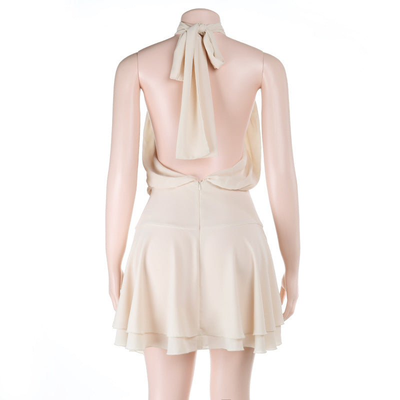 Ruched self tie halter chiffon zip-up mini dress  | Festival Outfits Women