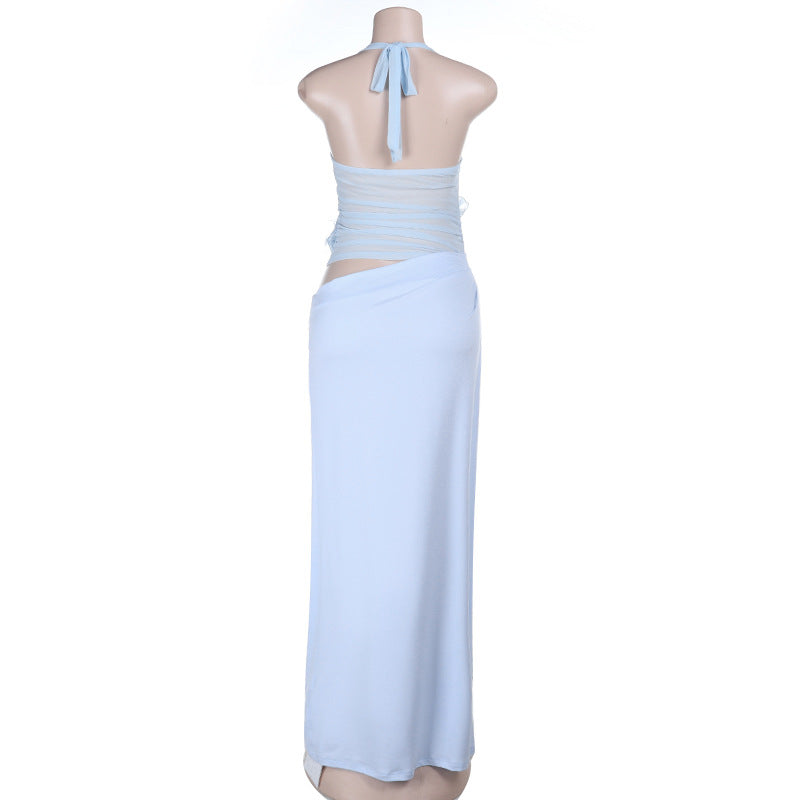 Self tie halter flower applique mesh hollow out cut out maxi dress  | Festival Outfits Women