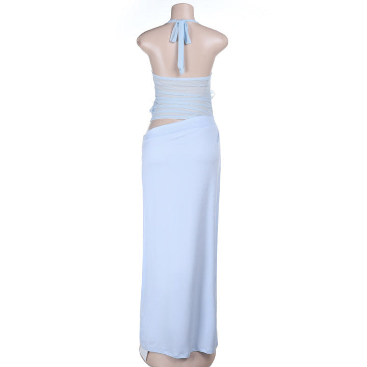 Self tie halter flower applique mesh hollow out cut out maxi dress  | Festival Outfits Women
