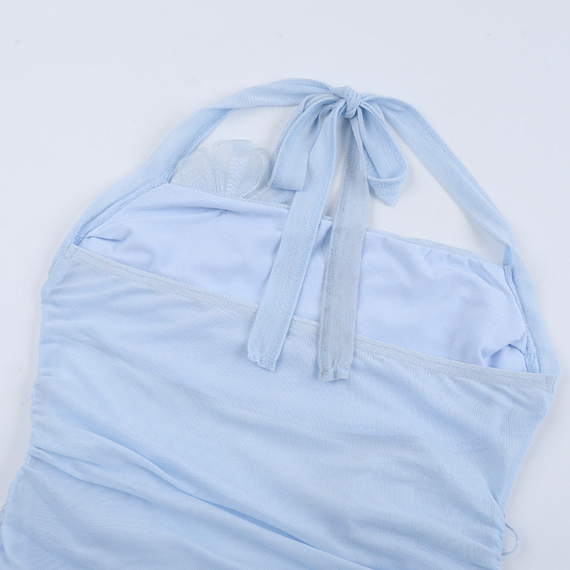 Self tie halter flower applique mesh hollow out cut out maxi dress  | Festival Outfits Women