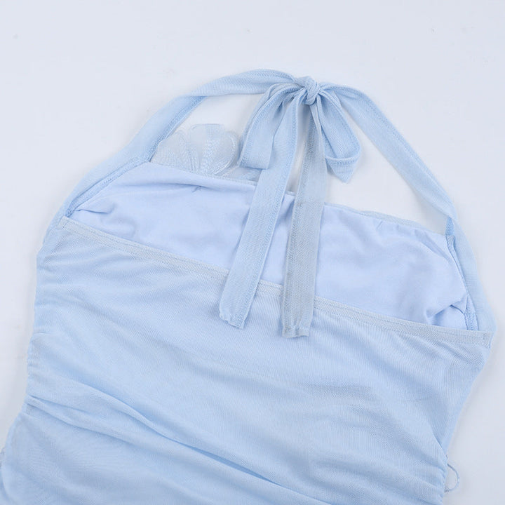 Self tie halter flower applique mesh hollow out cut out maxi dress  | Festival Outfits Women