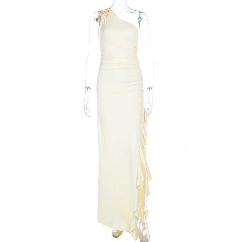 Irregular one shoulder slit ruffle ruched maxi dress  | Festival Outfits Women