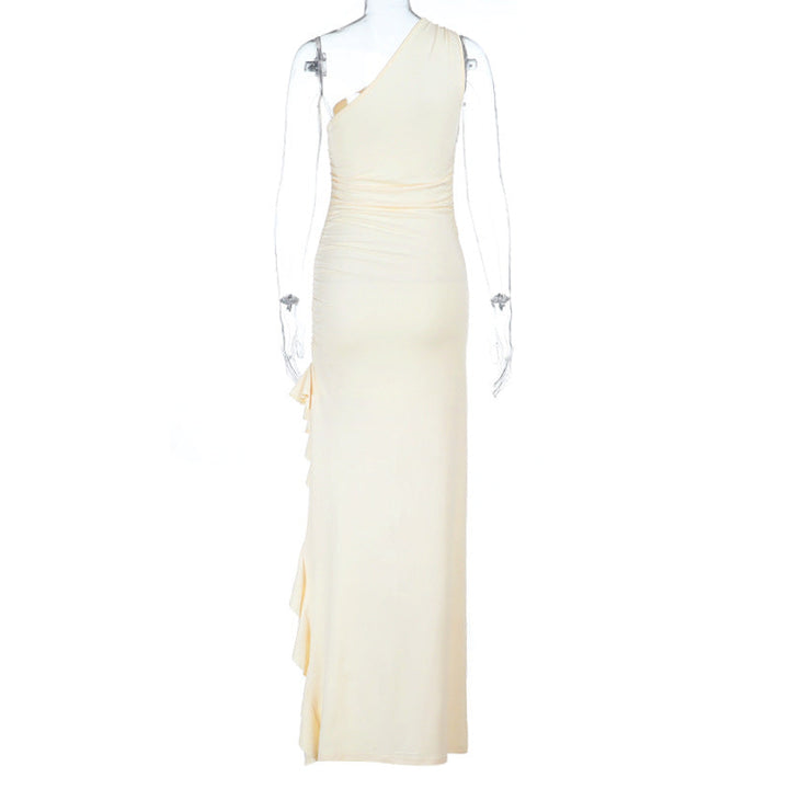 Irregular one shoulder slit ruffle ruched maxi dress  | Festival Outfits Women