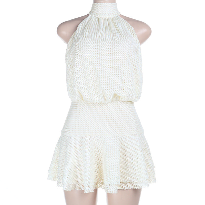 Halter self tie solid backless mini dress  | Festival Outfits Women