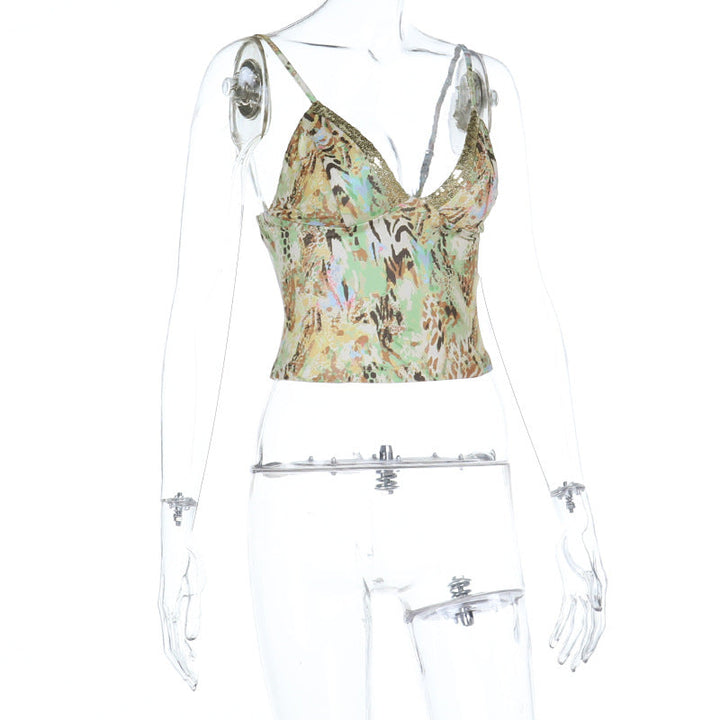 Glitter v neck print backless cami top  | Festival Outfits Women