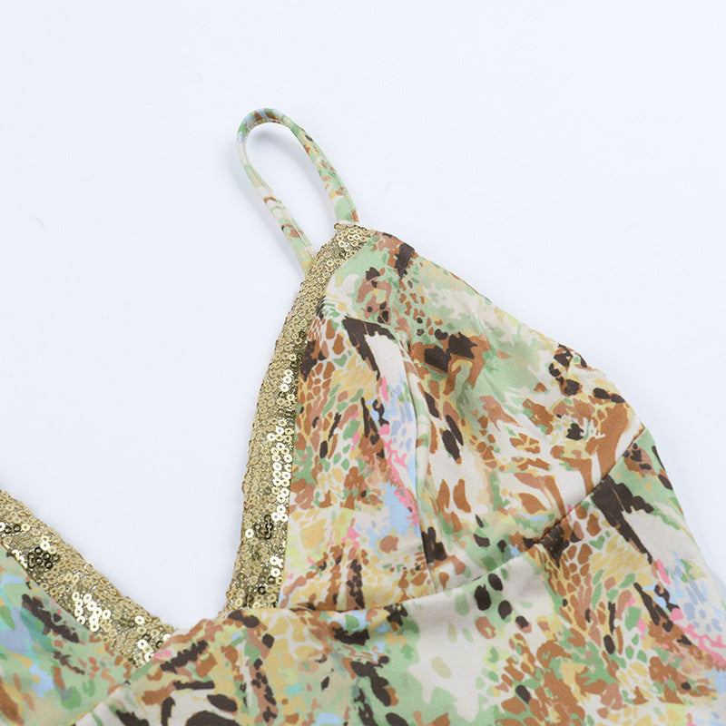 Glitter v neck print backless cami top  | Festival Outfits Women