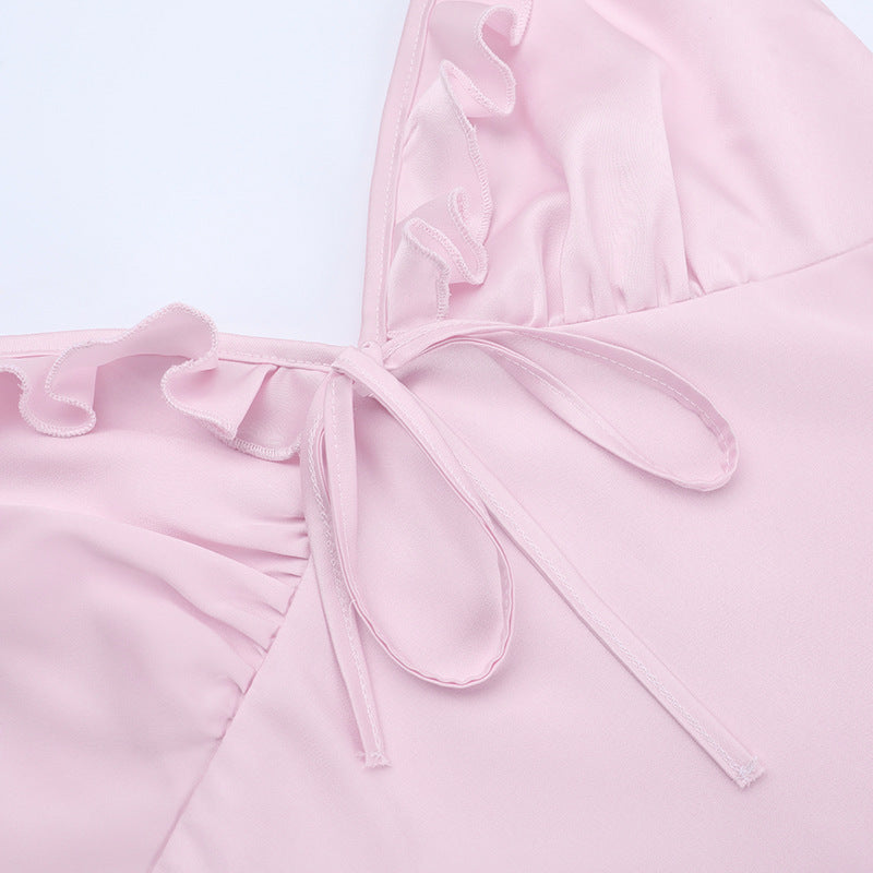 Ruffle v neck self tie zip-up cami maxi dress  | Festival Outfits Women