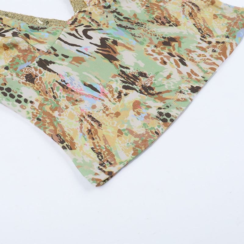 Glitter v neck print backless cami top  | Festival Outfits Women
