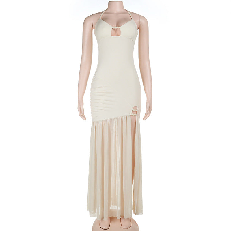 High slit hollow out self tie halter mesh cut out maxi dress  | Festival Outfits Women