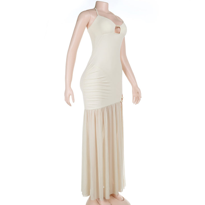 High slit hollow out self tie halter mesh cut out maxi dress  | Festival Outfits Women