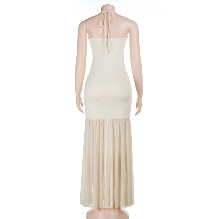 High slit hollow out self tie halter mesh cut out maxi dress  | Festival Outfits Women