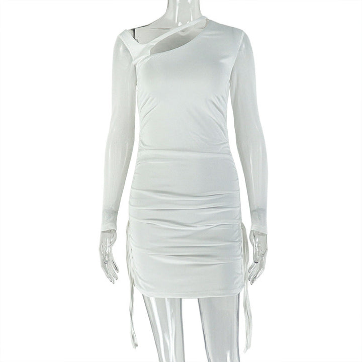 Long sleeve mesh hollow out ruched cut out mini dress  | Festival Outfits Women