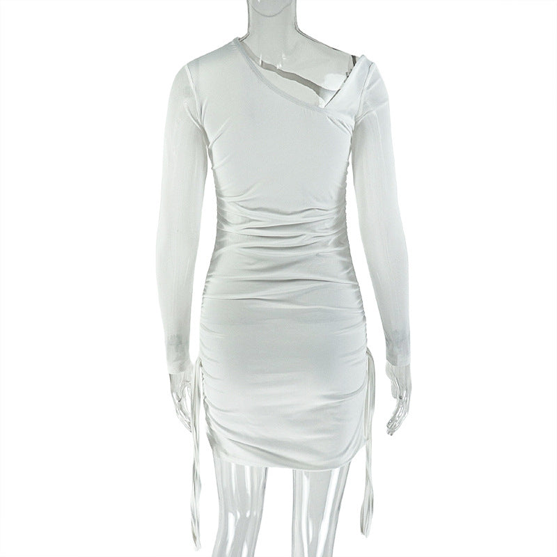 Long sleeve mesh hollow out ruched cut out mini dress  | Festival Outfits Women