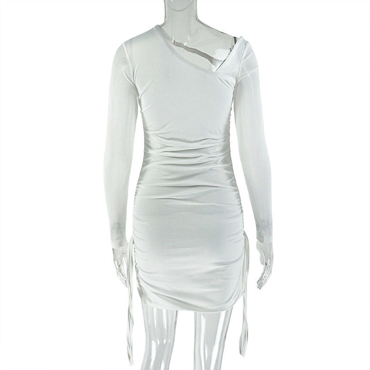 Long sleeve mesh hollow out ruched cut out mini dress  | Festival Outfits Women