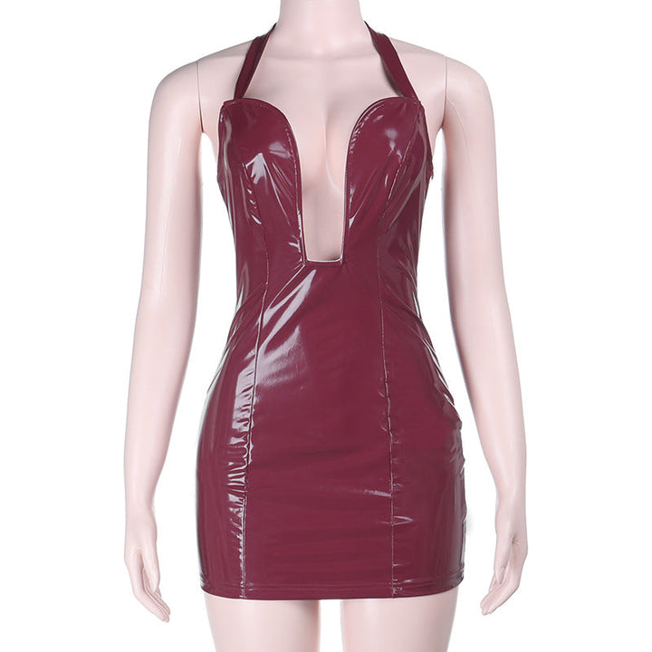 Notch neck PU leather zip-up halter mini dress  | Festival Outfits Women