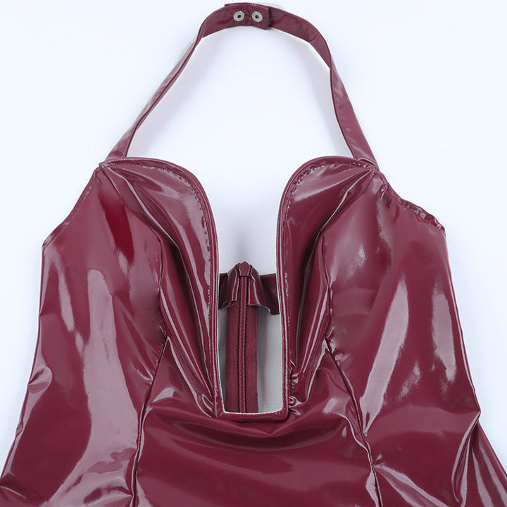 Notch neck PU leather zip-up halter mini dress  | Festival Outfits Women