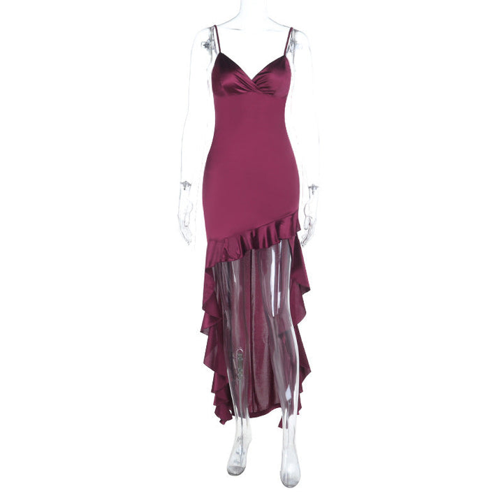 Irregular ruffle v neck satin cami midi dress  | Festival Outfits Women