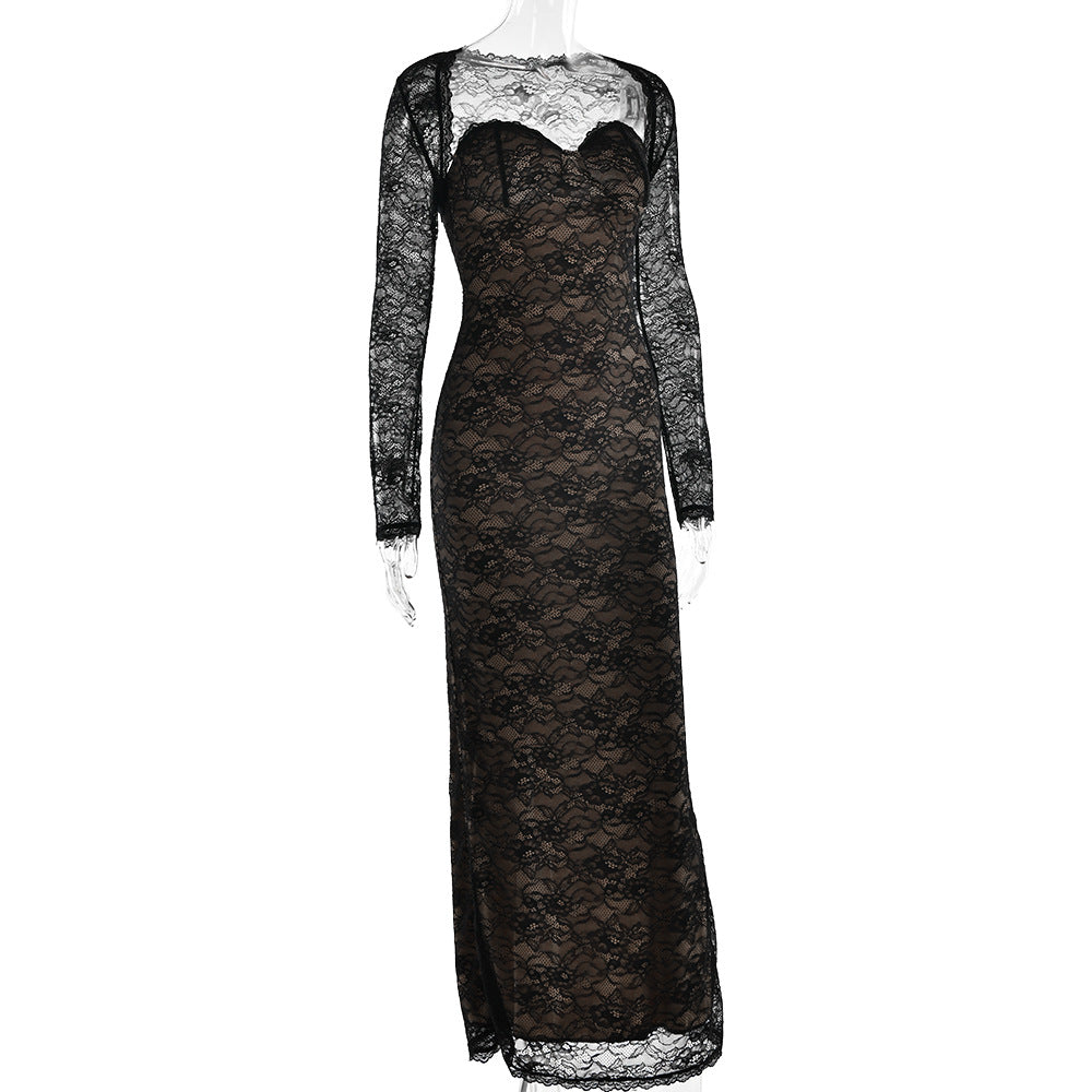 Long sleeve lace sweetheart neck 2 piece maxi dress  | Festival Outfits Women