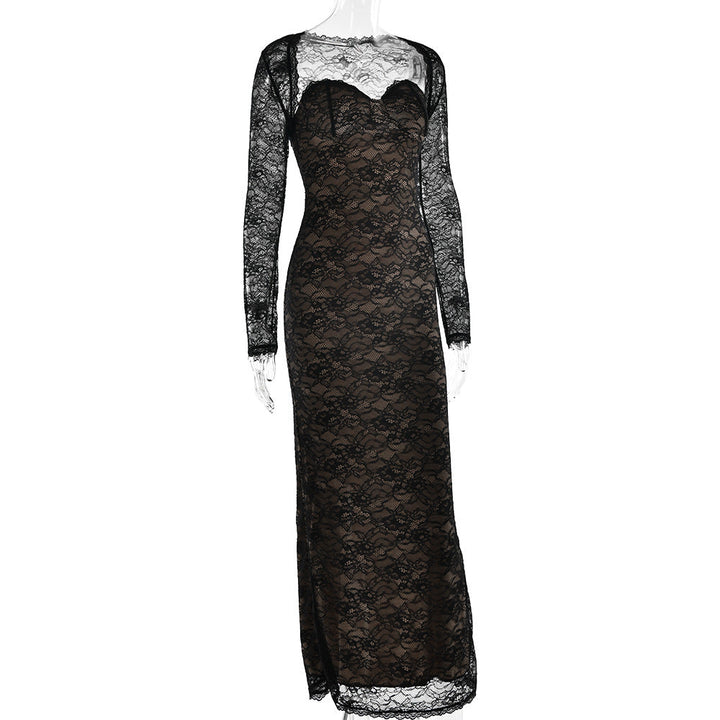 Long sleeve lace sweetheart neck 2 piece maxi dress  | Festival Outfits Women