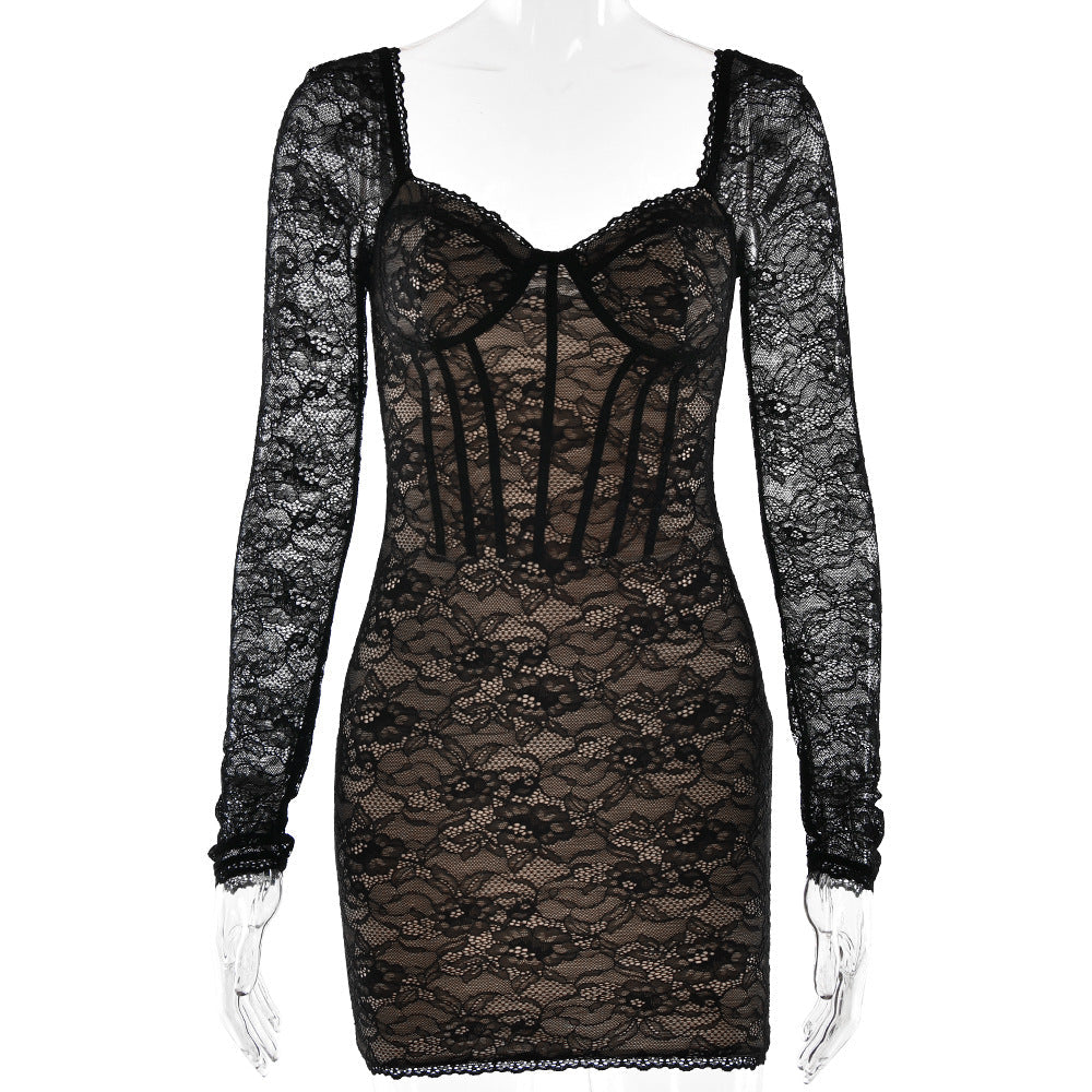 Lace long sleeve v neck backless mini dress  | Festival Outfits Women