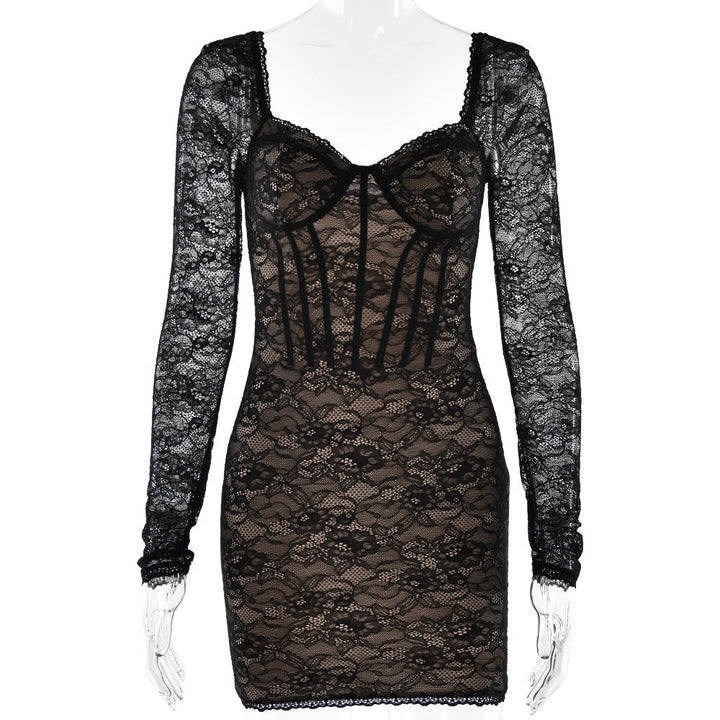 Lace long sleeve v neck backless mini dress  | Festival Outfits Women