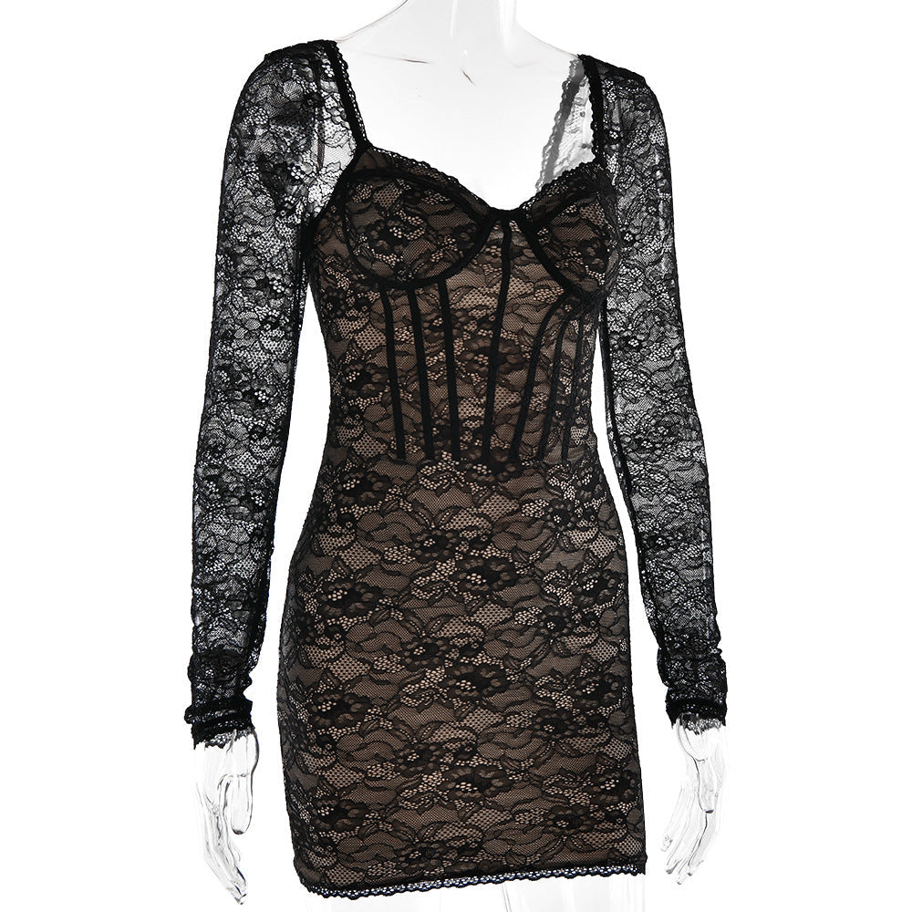 Lace long sleeve v neck backless mini dress  | Festival Outfits Women