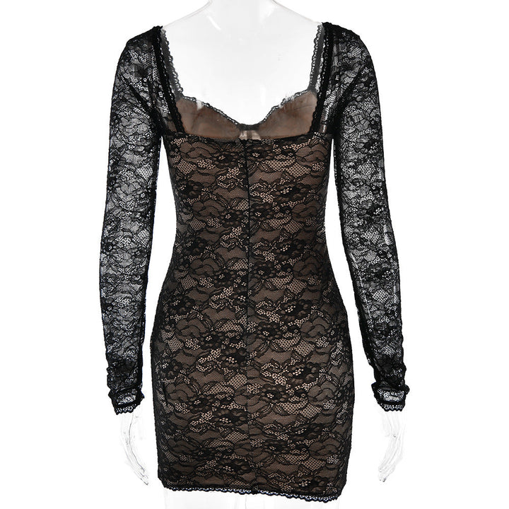 Lace long sleeve v neck backless mini dress  | Festival Outfits Women