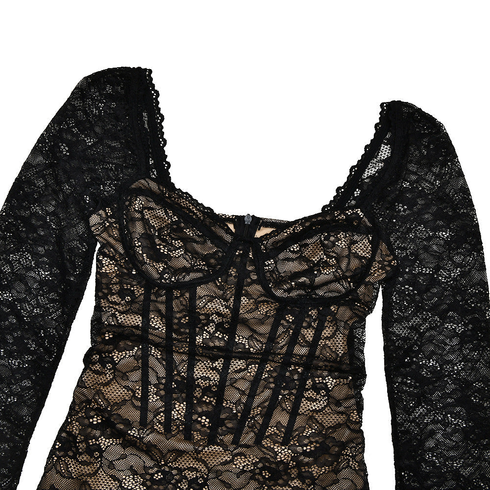 Lace long sleeve v neck backless mini dress  | Festival Outfits Women