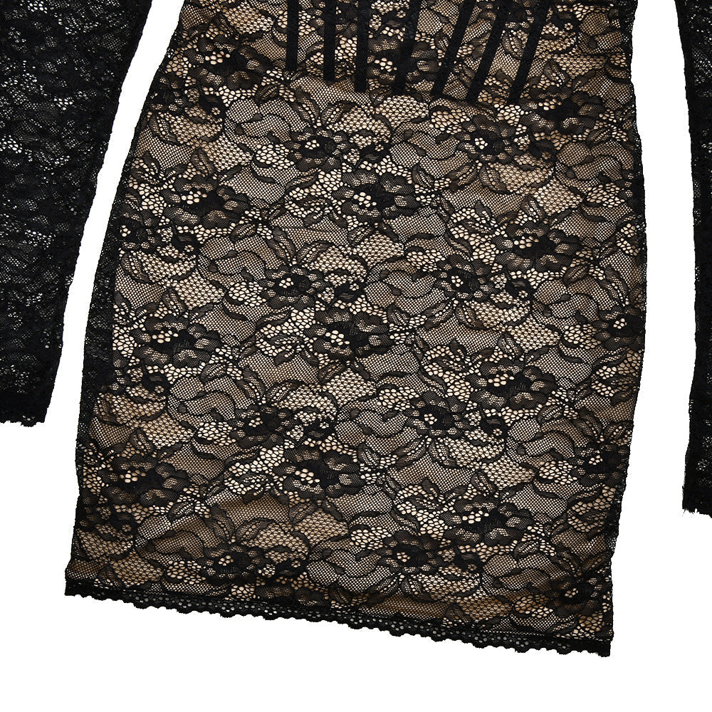 Lace long sleeve v neck backless mini dress  | Festival Outfits Women