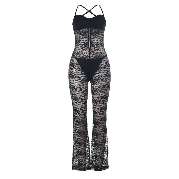 Lace hollow out cross back solid jumpsuit  | Festival Outfits Women