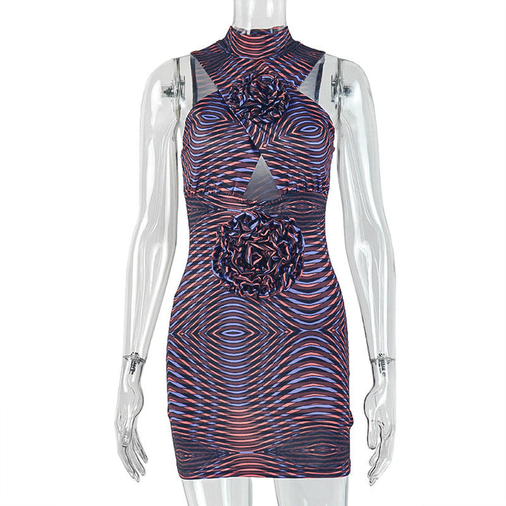 Hollow out flower applique print crewneck cut out mini dress  | Festival Outfits Women