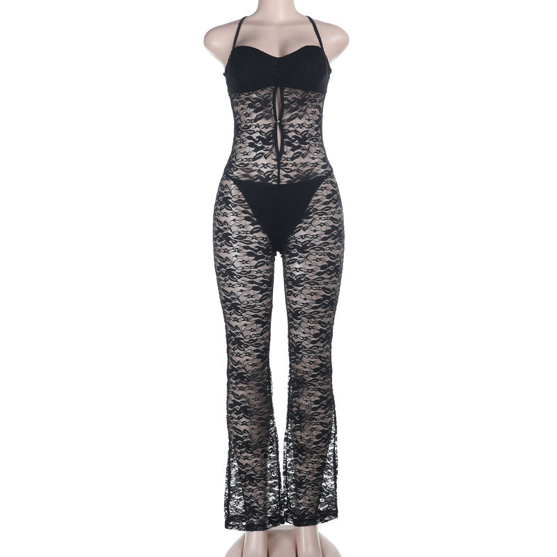 Lace hollow out cross back solid jumpsuit  | Festival Outfits Women