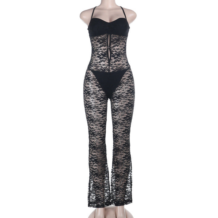 Lace hollow out cross back solid jumpsuit  | Festival Outfits Women