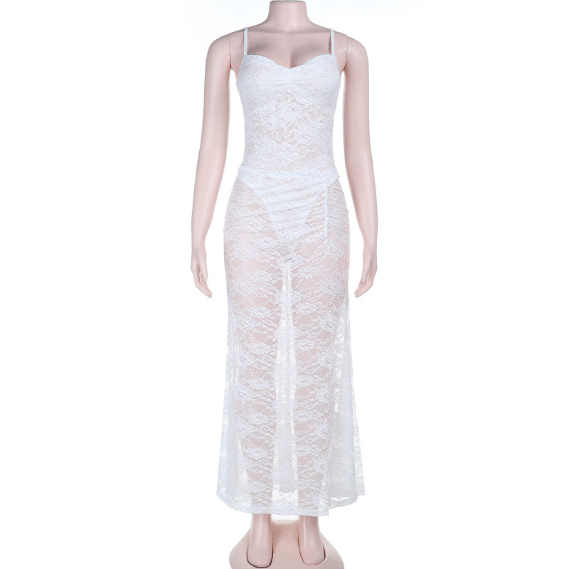 Lace ruched button v neck cami maxi skirt set  | Festival Outfits Women