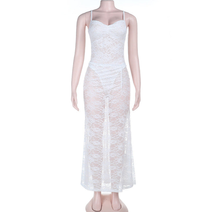 Lace ruched button v neck cami maxi skirt set  | Festival Outfits Women