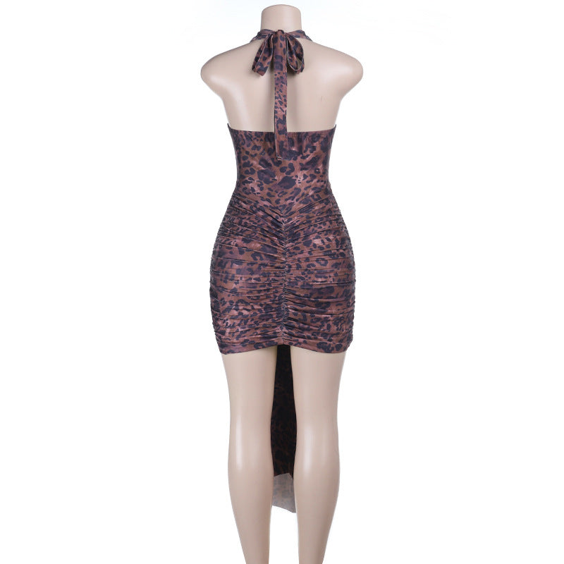Leopard print v neck ruched halter self tie mini dress  | Festival Outfits Women  | Leopard Print Mini Dress